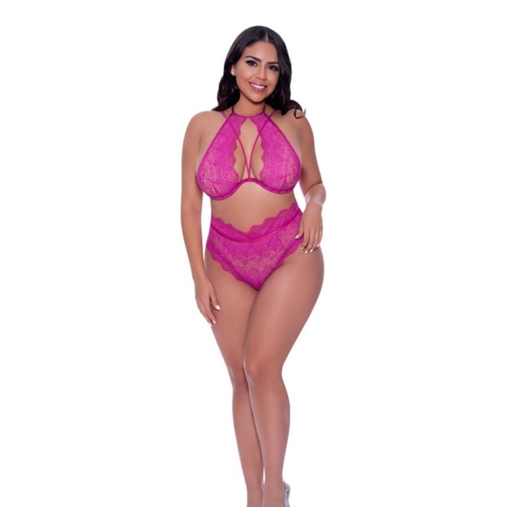 Sexy Halter & Lace Up Panty Set, Raspberry